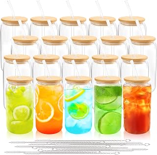 20Pcs Glass Cups with Bamboo Lids and Straws Bulk 16 oz Can Shaped