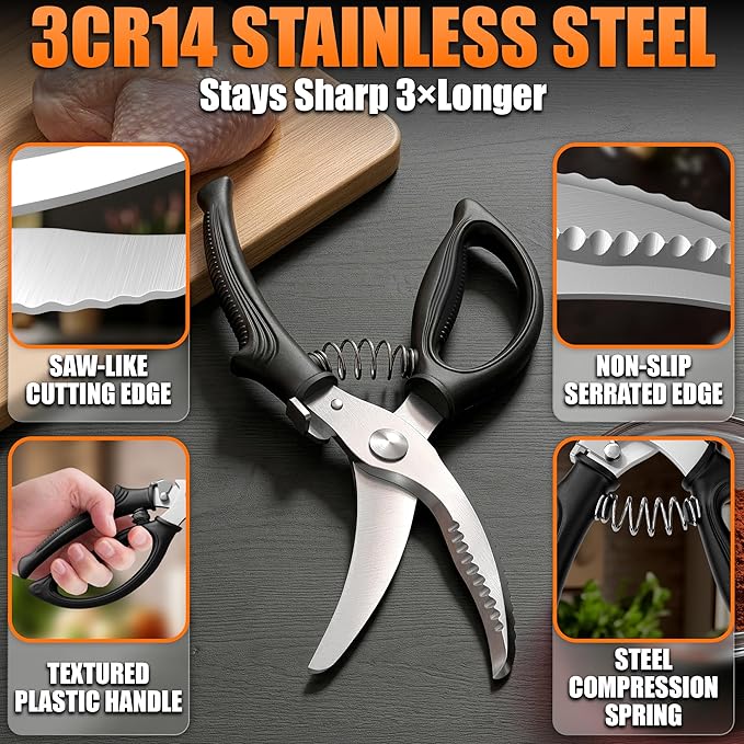 Poultry Shears Heavy Duty – Stainless Steel Chicken Shears with Spring Loaded Design, Non-Slip Serrated Edge & Safety Lock, Dishwasher Safe – Bone Cutting Scissors for Turkey, Poultry & Spatchcock