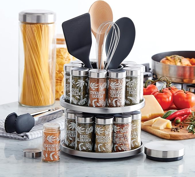 Kamenstein Salem 20-Jar Rotating Spice Rack with Spices Included, Stainless Steel Countertop Organizer with Sifter Caps and Tool Caddy, Spice Set for Kitchen Organization