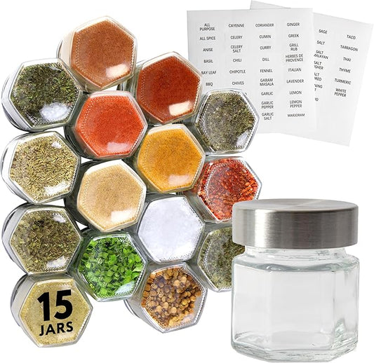 IMPRESA Hexagon Magnetic Spice Jars - Pack of 15-1.74 Oz Strong Magnetic Seasoning Containers - Space-Saving Honeycomb Spice Jars