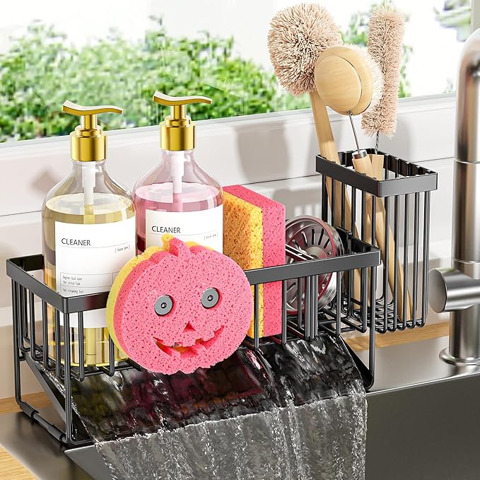 Sponge Holder for Kitchen Sink, Smiley Face Sink Caddy with Removable Brush Holder,Self-Draining Sponge Caddy for Sponge,Soap,Dish Brush,Scrubber,Kitchen Essentials and Gadgets
