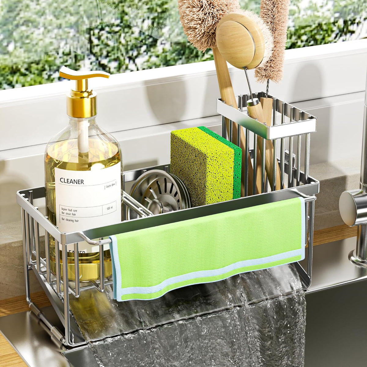Kitchen Sink Caddy Organzier with High Brush Holder, Sponge Holder for Sink, 304 Rustproof Stainless, Kitchen Countertop Soap Dispenser Organizer (Silver With Towel Rack, 9.25″)