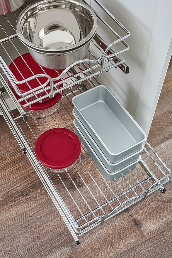Rev-A-Shelf 2-Tier Pullout Shelf and Drawer Organizer for Kitchen Cabinets, Slide Out Storage Basket, Min Opening Width of 11.5", 12" x 22", 5WB2-1222CR-1