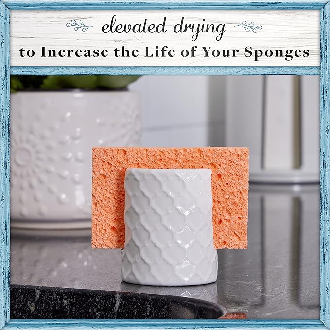 Home Acre Designs Sponge Holder for Kitchen Sink - Rustic Farmhouse Home Kitchen Decor - White Ceramic