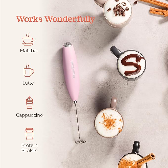 Powerful Handheld Milk Frother, Mini Milk Foamer, Battery Operated Stainless Steel Drink Mixer with Frother Stand