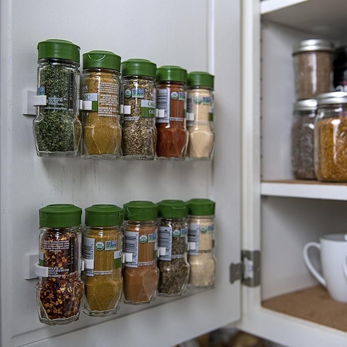 Crazy Chef Spice Clip Grippers For Cabinet Doors - Organizer for Spices - Spice Rack Holds15 Spice Jars - Extemely Strong 3M Adhesive Gripper In White For Pantry 15 Ct