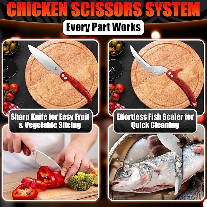 Heavy Duty Poultry Shears – Kitchen Shears Dishwasher Safe, Spring-Loaded, 3Cr14 Steel, Micro-Serrated, Separates for Easy Cleaning | Bone Scissors for Chicken, Turkey, Seafood & Fish Scale (Red)