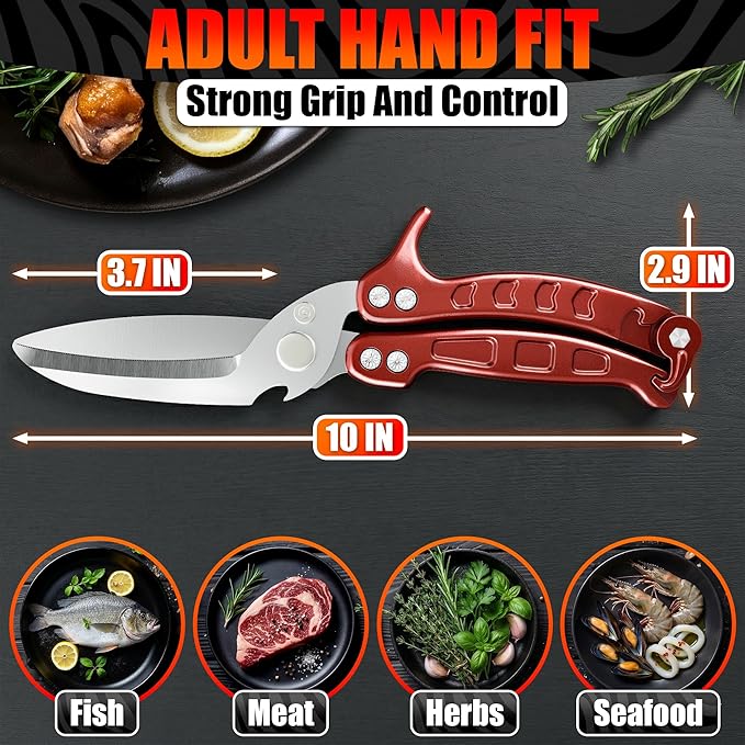 Heavy Duty Poultry Shears – Kitchen Shears Dishwasher Safe, Spring-Loaded, 3Cr14 Steel, Micro-Serrated, Separates for Easy Cleaning | Bone Scissors for Chicken, Turkey, Seafood & Fish Scale (Red)