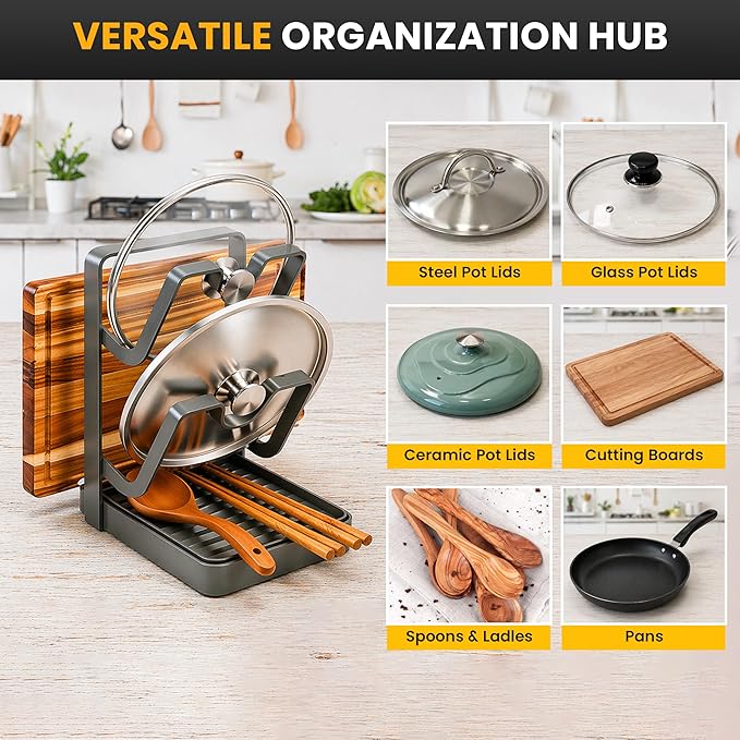 Pot Lid Holder with Removable Drip Tray, Multifunctional Double Layer Pot Lid Organizer for Countertop, Kitchen Pot Lid Storage Rack for Covers, Cutting Boards, Utensils (Grey)