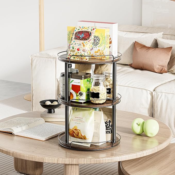 LAMU 12'' Wood Lazy Susan Turntable Organizer for Cabinet, 3 Tier Lazy Susan Spice Rack Organizer for Kitchen, Wood Cake Turntable for Cupcake Stand, Table Top, Countertop, Pantry, Bathroom