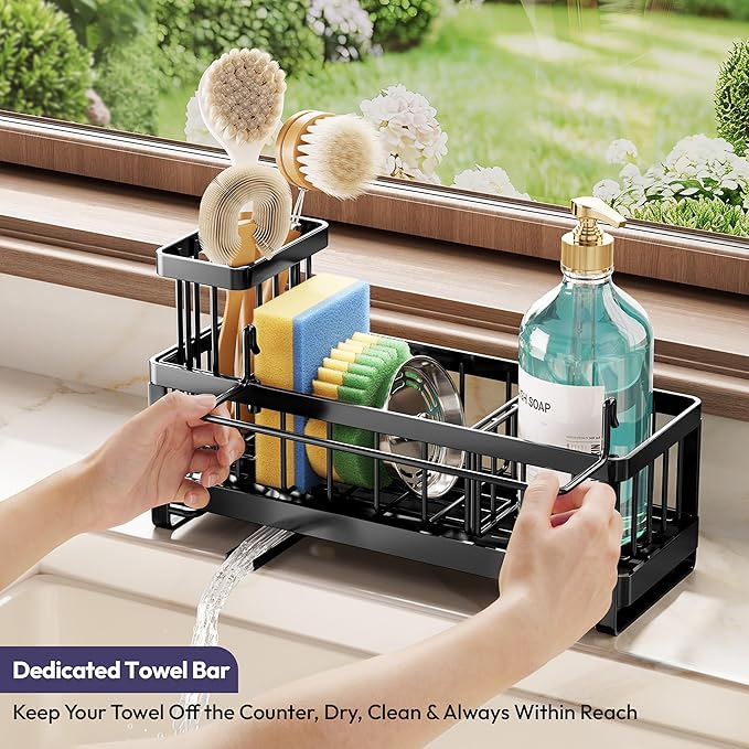 SWTYMIKI Sponge Holder for Kitchen Sink - Sink Caddy with Brush Holder Self-draining Sponge Caddy Organizer with Divider Stainless Steel Kitchen Accessories Storage for Countertop, Black