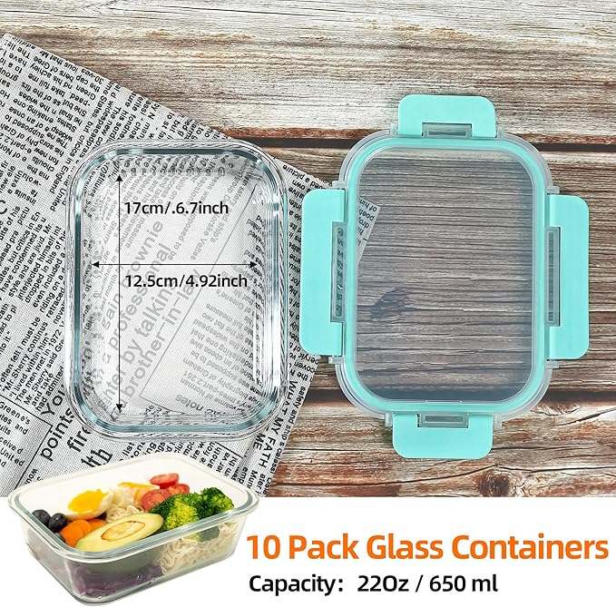 Glass Food Storage Containers 10 Pack - 22Oz Meal Prep Container Set with Lid, Airtight Snap Lock, Microwave Freezer Oven Dishwasher Safe, Lunch Box for Work, Mint