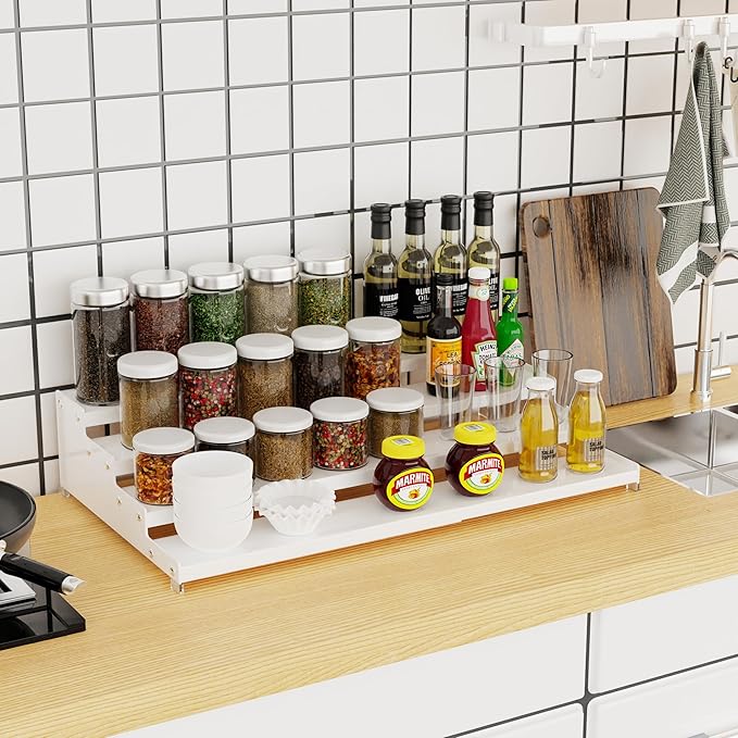 Jojocross Expandable 4-Tier Step Spice Rack Organizer for Kitchen Cabinet Modern Design and Non Skid Space Saving Storage Shelf for Countertop Cabinets Pantry(2Packs/White)