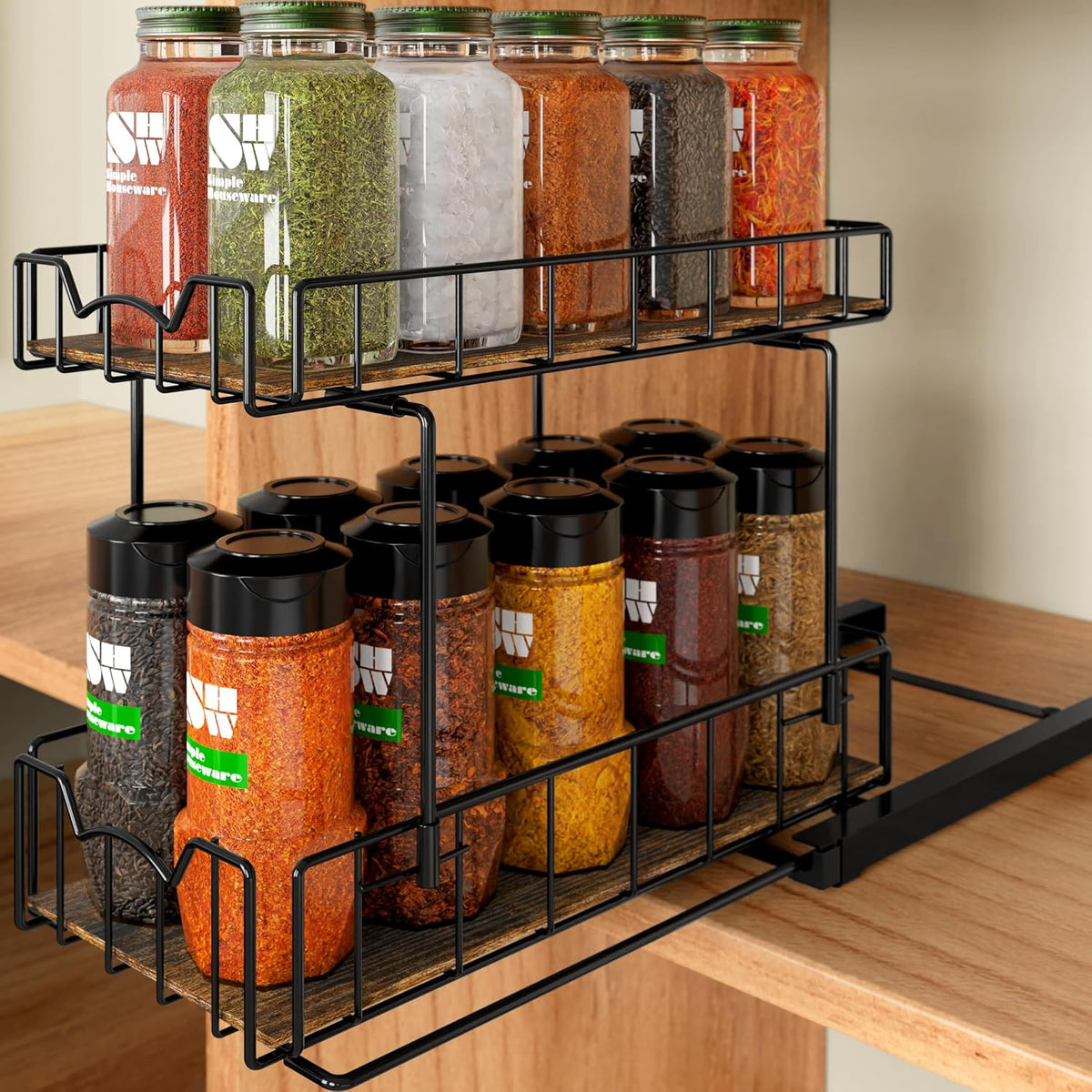 2-Tier Spice Rack Slide Out Wire Basket Drawer, Black