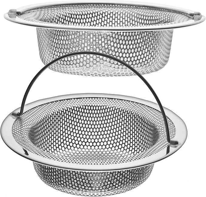 2 Pack - 4.5" Top / 3" Basket - Kitchen Sink Drain Strainer Stainless Steel Large Basket Food Catcher with Handle. Fast Flow and Effective 2/16" Holes