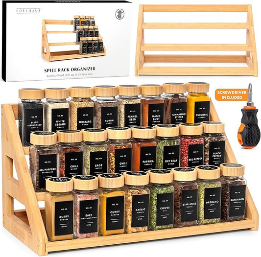 3 Tier Bamboo Spice Rack Organizer for Cabinet, Fits 24 Spice Jars