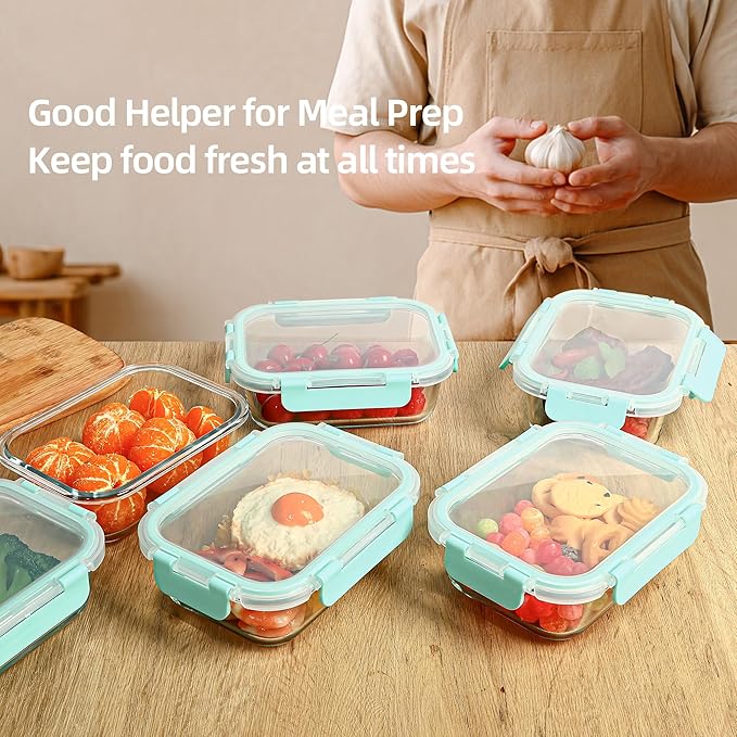 Glass Food Storage Containers 10 Pack - 22Oz Meal Prep Container Set with Lid, Airtight Snap Lock, Microwave Freezer Oven Dishwasher Safe, Lunch Box for Work, Mint