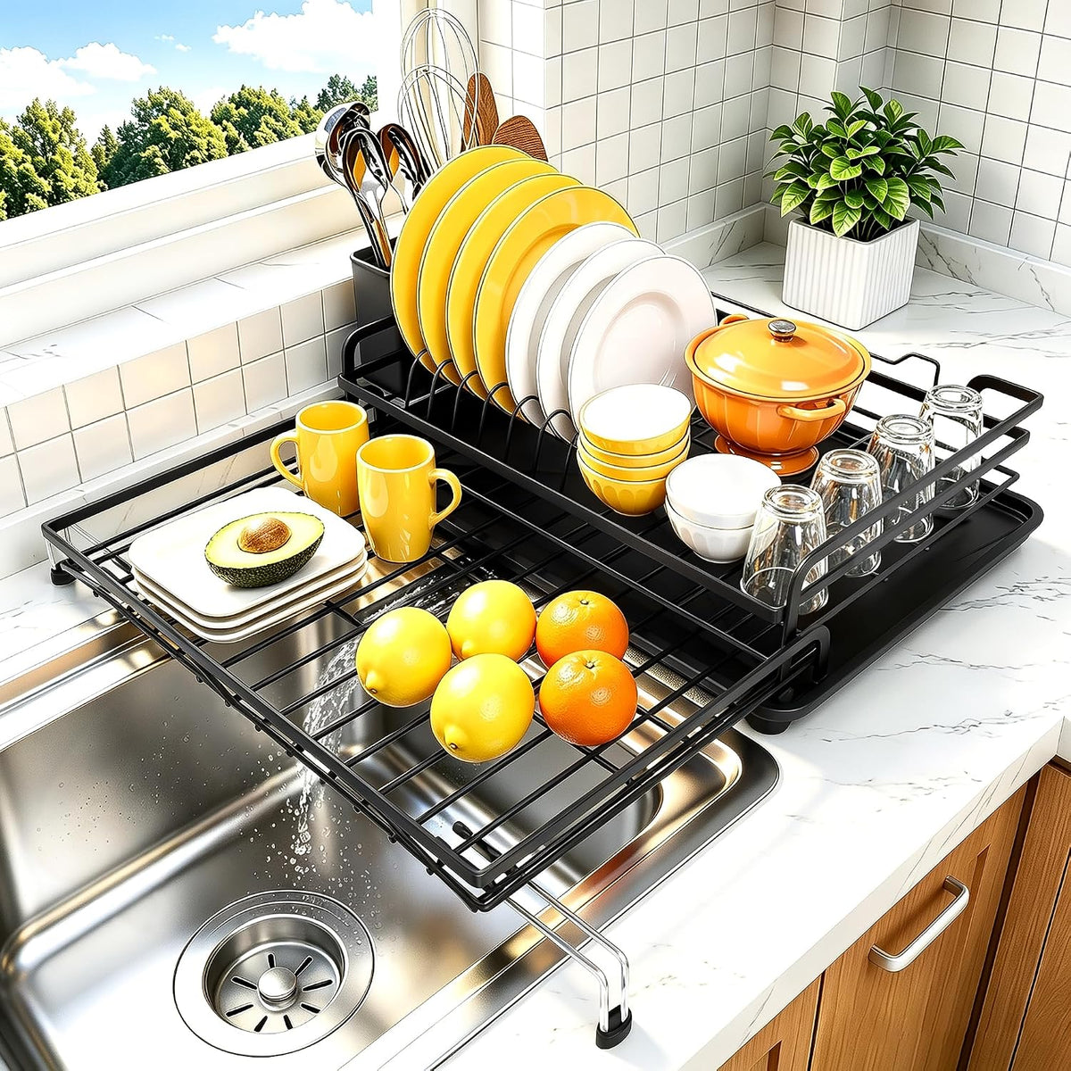 Expandable 2-in-1 Dish Drying Rack with Drainboard (Black)