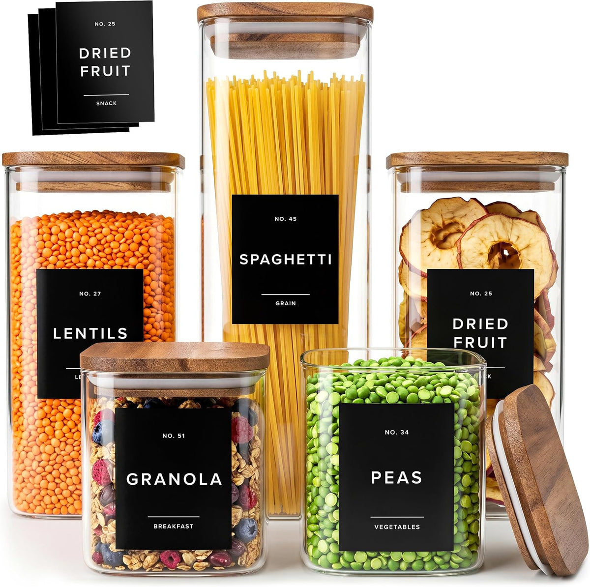 Glass Pantry Storage Jars Containers with Acacia Lids and Labels - Set of 5