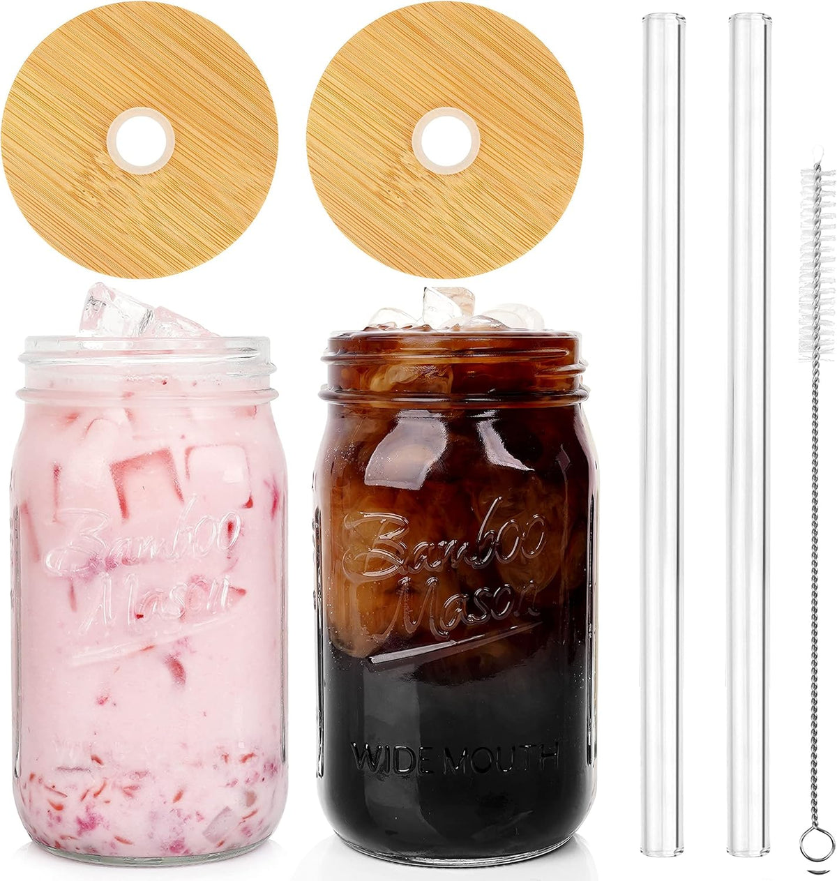 Mason Jar with Lid and Straw, 32oz Wide Mouth Cup Reusable Drinking Glasses Tumbler Smoothie Water Bottles for Iced Coffee Margaritas Ice Cream Juice Cocktail Christmas Gifts