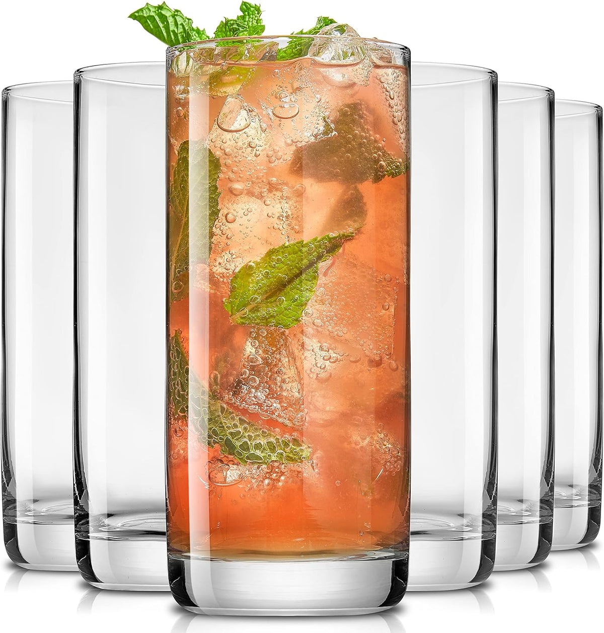 Faye 13oz Highball Glasses, 6pc Tall Glass Sets. Lead-Free Crystal Drinking Glasses. Water Glasses, Mojito Glass Cups, Tom Collins Bar Glassware, and Mixed Drink Cocktail Glass Set