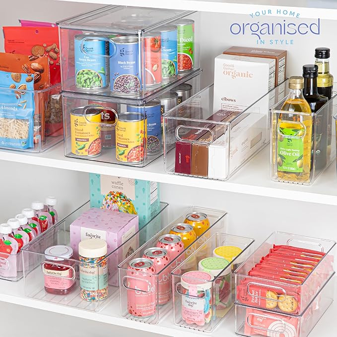 primebox Plastic Food Storage 1 Pack Clear Container Bin with Handles for Organizing Kitchen, Pantry, Refrigerator, Freezer, Pantry, Cabinet, Closet, Bathroom. 16”x6”x5”