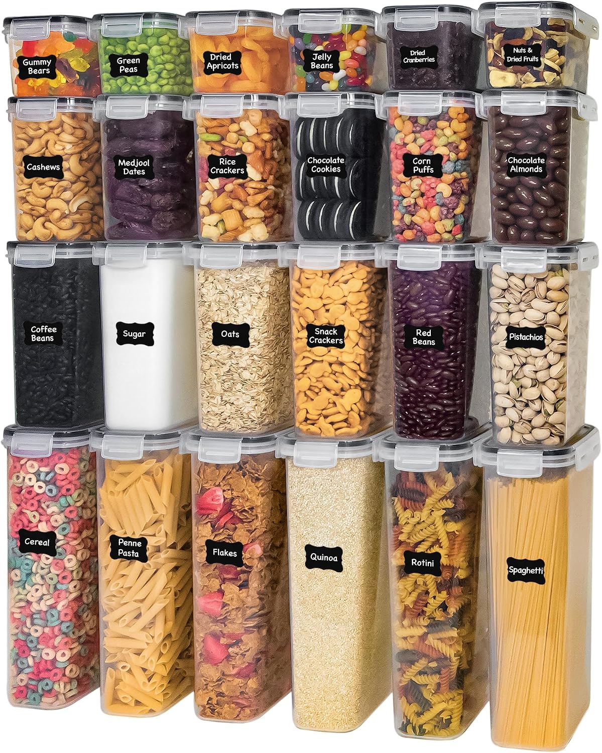 Kitchen Storage Containers with Lids, 48 PCS Airtight Food Storage Containers, Plastic Kitchen Containers, Pantry Containers for Cereal, Dry Food, Includes Labels, Marker & Measuring Spoons