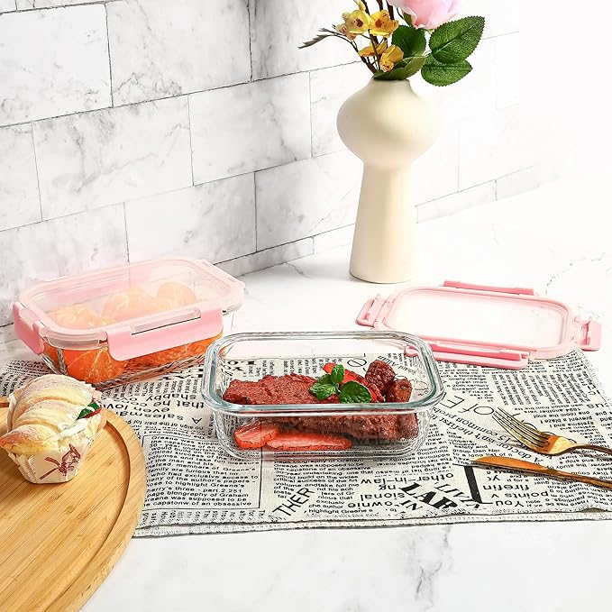 Glass Food Storage Containers 10 Pack - 22Oz Meal Prep Container Set with Lid, Airtight Snap Lock, Microwave Freezer Oven Dishwasher Safe, Lunch Box for Work, Pink