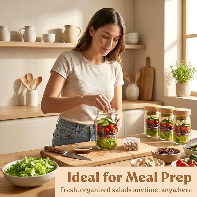 EDELHAUS 4 Pack Glass Salad Jars with Wooden Lids for Meal Prep, Leakproof Container with Two Small Built in Cups for Wet/Dry Separation for Salad Dressing and Ingredients, 32oz Mason Jars (Oak)