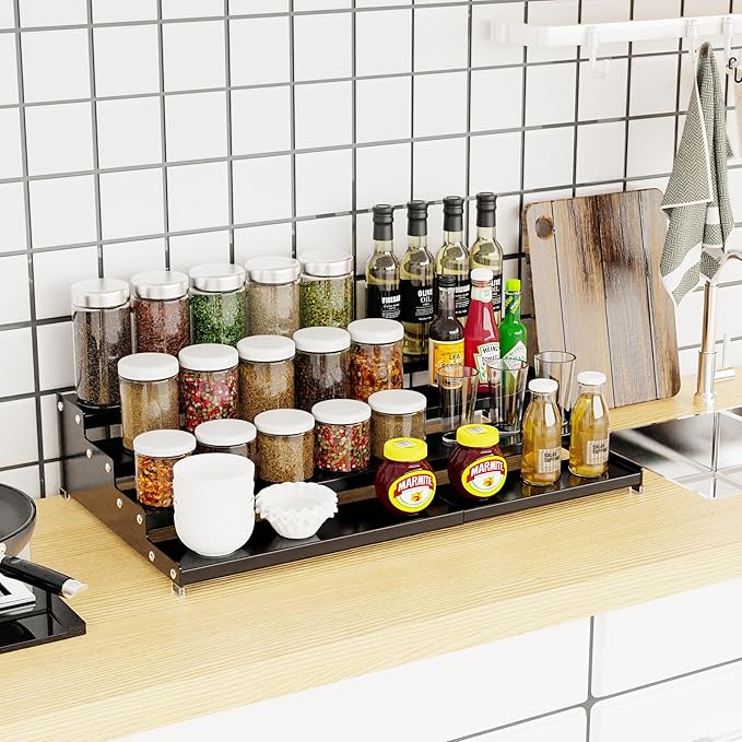 Jojocross Expandable 4-Tier Step Spice Rack Organizer for Kitchen Cabinet Modern Design and Non Skid Space Saving Storage Shelf for Countertop Cabinets Pantry(1Pack/Black)