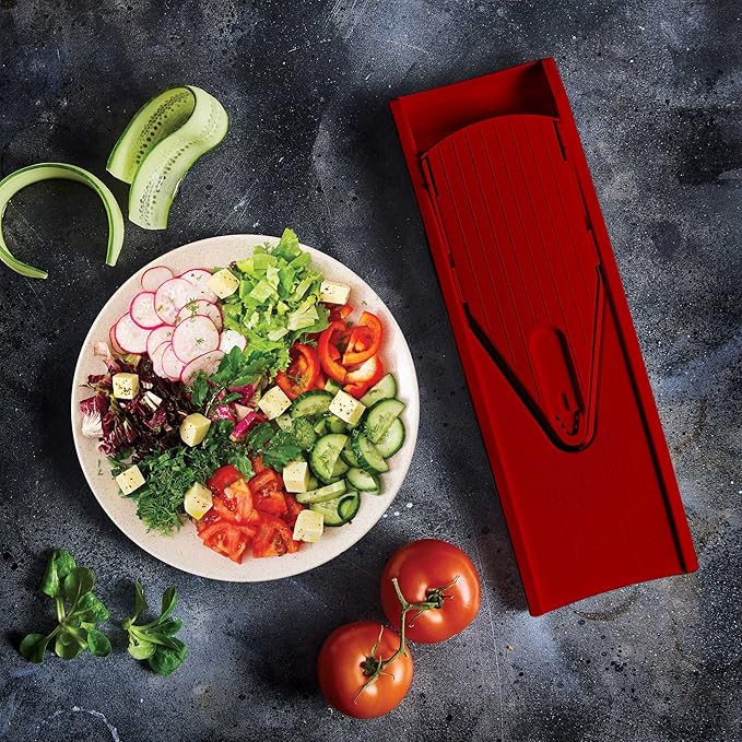 Börner Mandoline Slicer V1 (Professional Set) • V-Slicer with 4 Inserts, Fruit Holder, Docking Station, Box • Adjustable Vegetable Slicer • Cuts into Slices, Strips & Dices • Color: Red
