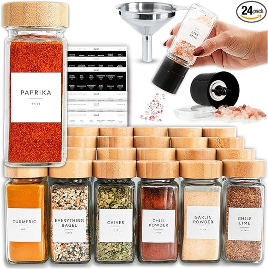 & SORTED Glass Spice Jars with Label, 24PK Bamboo Jar Spices Set 4oz