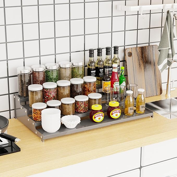 Jojocross Expandable 4-Tier Step Spice Rack Organizer for Kitchen Cabinet Modern Design and Non Skid Space Saving Storage Shelf for Countertop Cabinets Pantry(2Packs/Gun-Grey)
