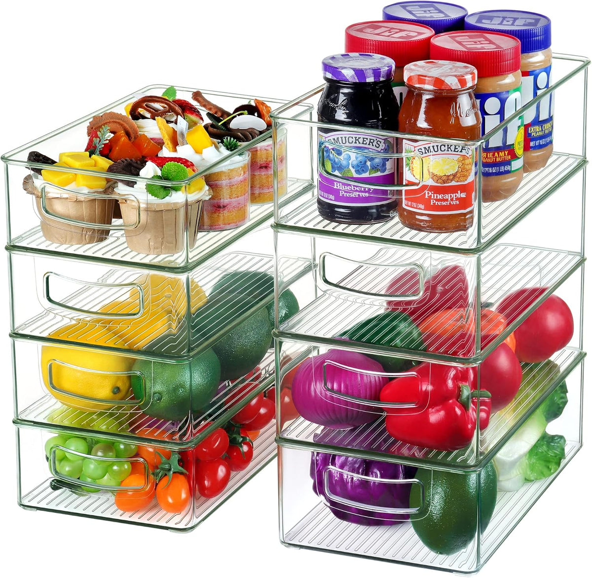 Set Of 8 Stackable Pantry Organizer Bins, Clear Plastic Storage Bins for Home Edit Fridge Cabinet Organizing Storage Containers (4 Large and 4 Medium)