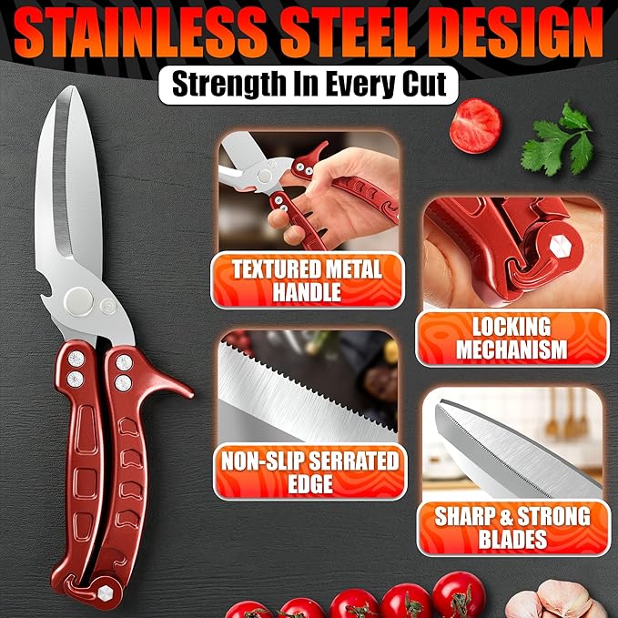 Heavy Duty Poultry Shears – Kitchen Shears Dishwasher Safe, Spring-Loaded, 3Cr14 Steel, Micro-Serrated, Separates for Easy Cleaning | Bone Scissors for Chicken, Turkey, Seafood & Fish Scale (Red)