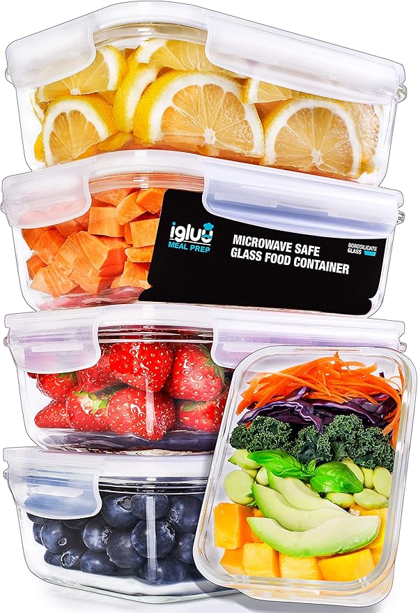 Igluu Meal Prep Glass Containers with Air Vent Lids (5 Pack+Extra Lid) – Airtight & BPA-Free – Oven, Microwave, Freezer and Dishwasher Safe – 28oz – Durable Borosilicate Glass