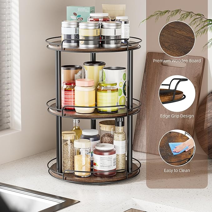 LAMU 12'' Wood Lazy Susan Turntable Organizer for Cabinet, 3 Tier Lazy Susan Spice Rack Organizer for Kitchen, Wood Cake Turntable for Cupcake Stand, Table Top, Countertop, Pantry, Bathroom