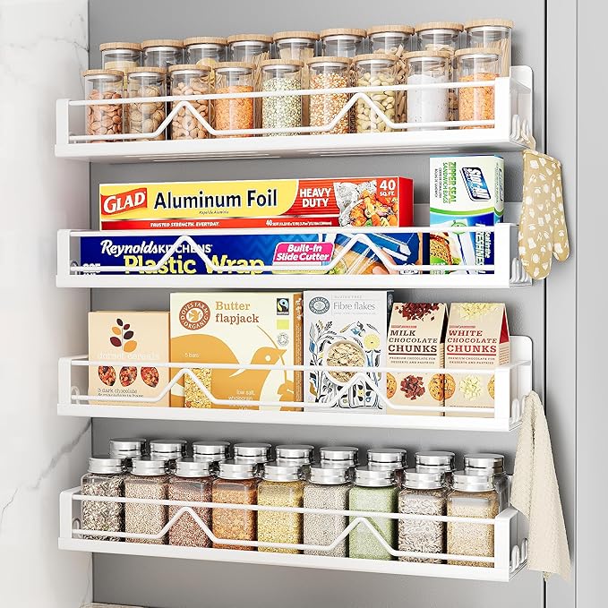 Mystozer 16.9 Inch Wide Large Capacity Magnetic Spice Rack for Refrigerator,4 Pack Metal Fridge Shelf Magnetic Basket Magnetic Fridge Shelf Magnetic Shelves for Fridge (White)