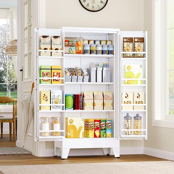 GAIOUS Metal Kitchen Pantry Cabinet, Storage Cabinets with 2 Door and 3 Adjustable Shelves, White Freestanding Food Storage Cabinet, Steel Cupboard for Kitchen Dinning Room