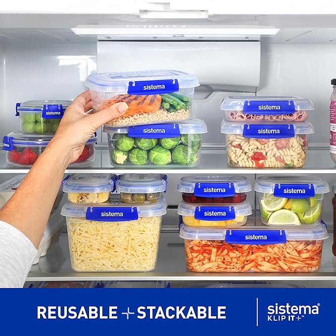 Sistema KLIP IT+ 6-Pack Rectangle Food Storage Containers, Stackable & Airtight Food Boxes with Lids, Dishwasher, Freezer, & Microwave-Safe, BPA-Free, 2.2L / 1L / 400mL