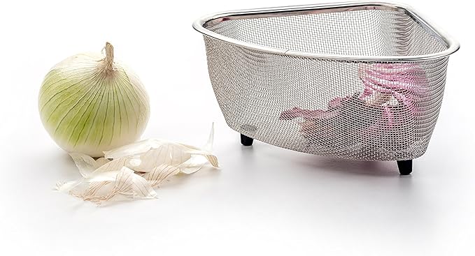 RSVP International Endurance® In-Sink Mesh Colander Strainer Basket, 3 Quart | Organize Sponges, Collect Food Scraps | Dishwasher Safe | Small Corner Basket | Steaming, Draining & Rinsing