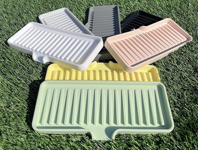 Silicone Soap Dish Tray and Sponge Holder with Drain Chute, Rectangular, Kitchen and Bathroom Sink Organizer (Light Grey, 9"x3.5")