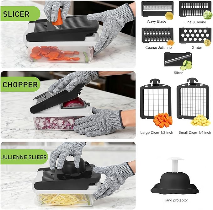 Mandoline Slicer for Kitchen, Vegetable Chopper & Dicer, Professional Food Slicer with Stainless Steel Blades, Safe Veggie Chopper for Onion Potato Carrot Fruit, Easy to Clean
