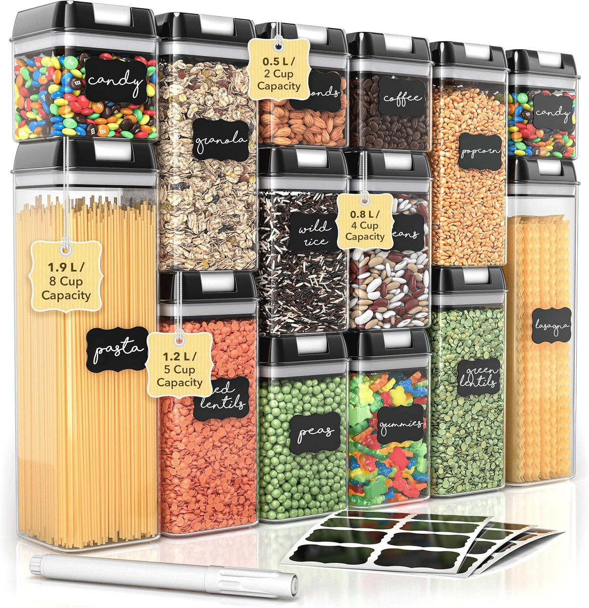 Airtight Food Storage Containers with Lids – 14 Piece Assorted Size Kitchen Pantry Organization Set, BPA-Free Clear Plastic, Stackable Containers for Cereal, Flour, Sugar, Rice, Snacks