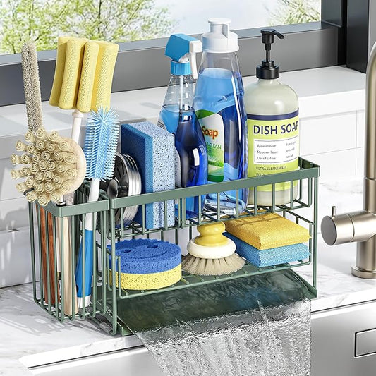 Cisily Sage Green 2-Tier Kitchen Sink Caddy Organzier Rack with Flexible Dish