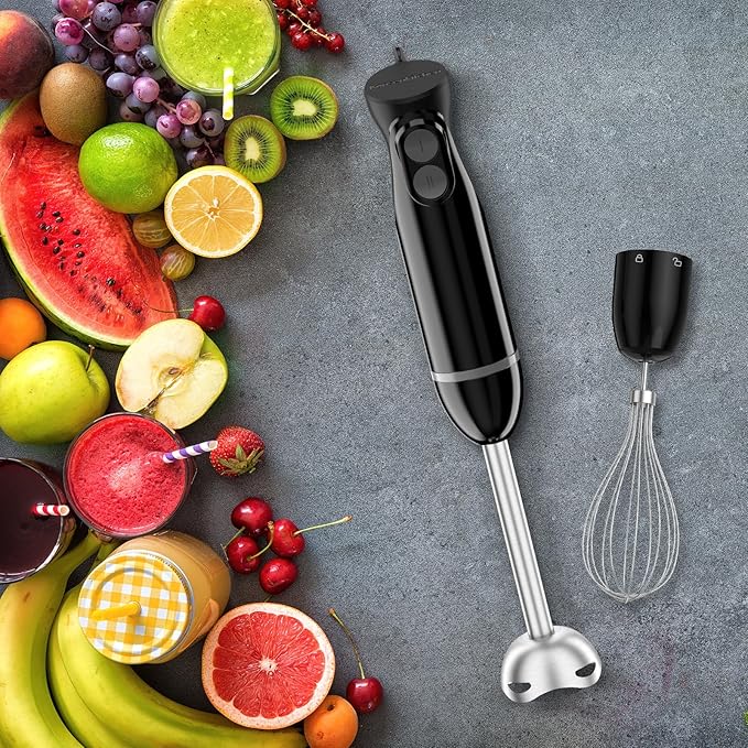 Bonsenkitchen Immersion Blender Handheld, 2 Mixing Speed Hand Blender Electric with Sharp Blades, 3-In-1 Hand Held Stick Blender with Egg Whisk, 24oz Beaker for Soups, Smoothies, Sauce