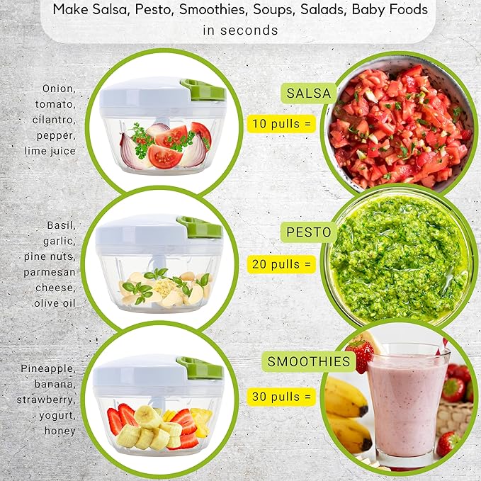 Brieftons Manual Food Chopper, Compact & Powerful Hand Pull Chopper Blender to Chop Onion, Garlic, Vegetables, Fruits, Herbs for Salsa, Salad, Pesto, Hummus, Coleslaw, Puree, Indian Cooking