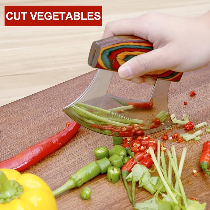 Amhoo Pizza Cutter Chef Mezzaluna Ulu Knife Handle Color Wood Grip Sharp Rocker Slicer Stainless Steel Blade Salad Onion Vegetable Chopper with Holder Base Christmas Gifts