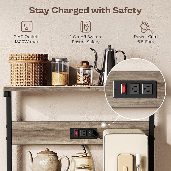 SUPERJARE Kitchen Bakers Rack with Power Outlet, Coffee Bar Table 4 Tiers, Kitchen Microwave Stand with 6 S-shaped Hooks, Kitchen Storage Shelf Rack for Spices, Pots and Pans - Greige