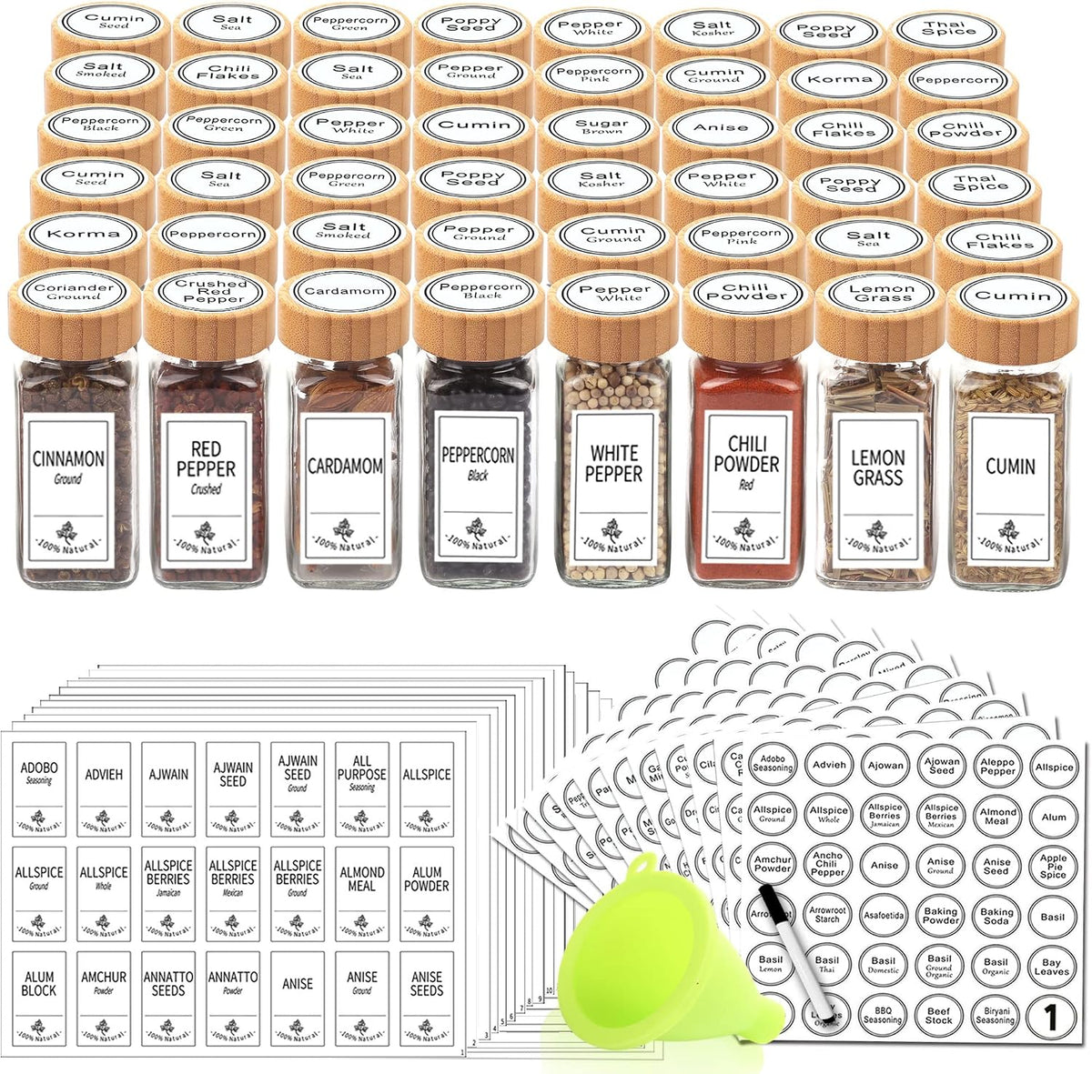 48 Pcs 4 oz Glass Spice Jars with 806 Spice Labels, Bamboo Lids